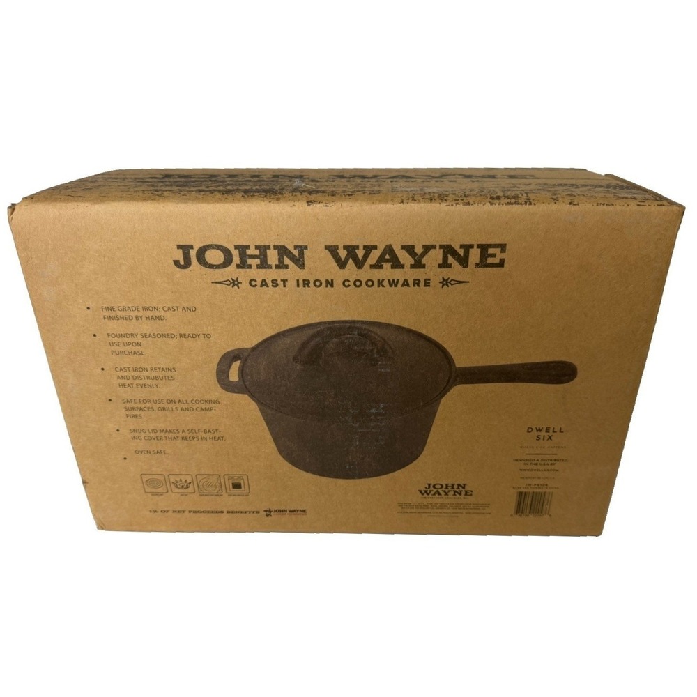 John Wayne Cast Iron Cookware 2 Quart Sauce Pot w/ Lid New in Box Pre-Seasoned